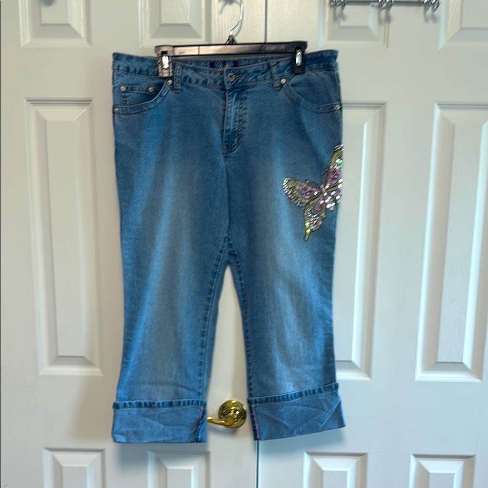 Angels Light Blue Cropped Jeans with Butterfly Accent
